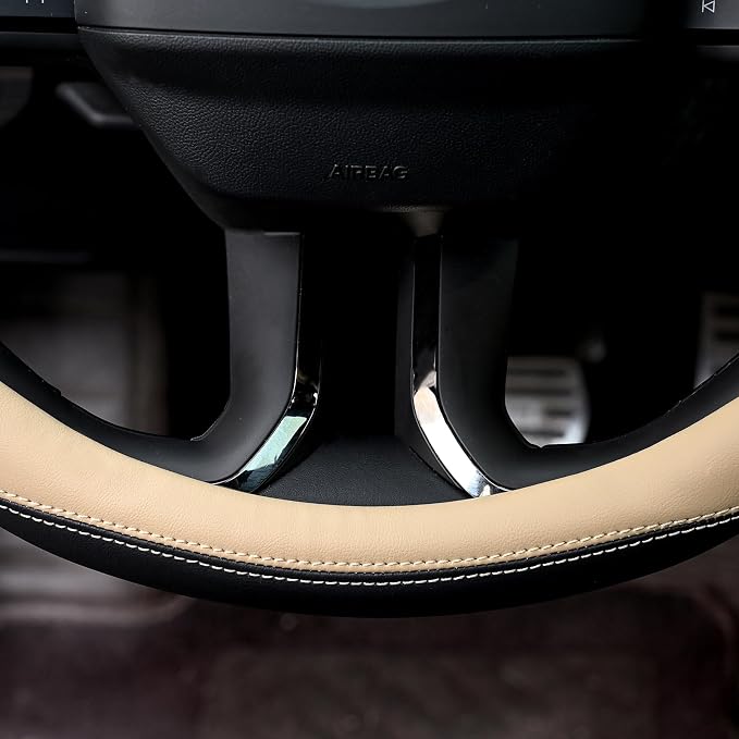 Valleycomfy Microfiber Leather Steering Wheel Cover Large-Size for F150 F250 F350 Ram 4Runner Tacoma Tundra Range Rover Model S X with 15 1/2 inches-16 inches Outer Diameter Beige