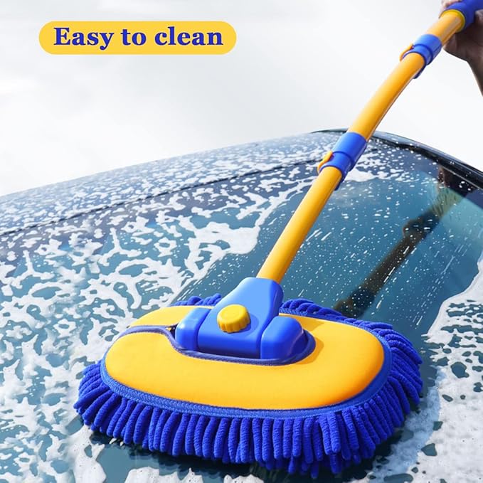 BMLEI Car Wash Brush with Long Handle, Microfiber Towels Car Wash Kit Cleaning Supplies, Car Wash Mop Mitt with 2 Replacement Head , Extension Pole Car Brush Cleaning Kit for Cars Trucks(Blue)
