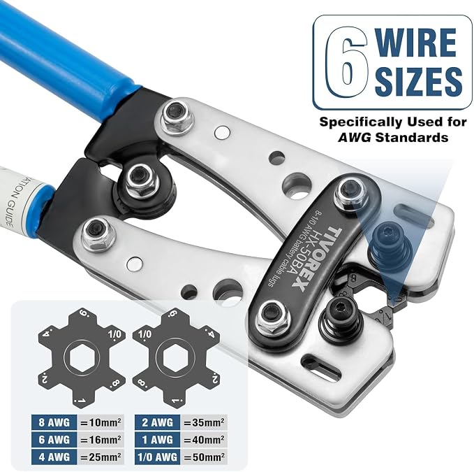 Battery Cable Lug Crimping Tool for AWG 8, 6, 4, 2, 1, 1/0 Gauge Electrical Lug, with 1/0 AWG-3/8” and 4 AWG-3/8” Copper Wire Lugs, 12PCS 3:1 Heat Shrink Tubing