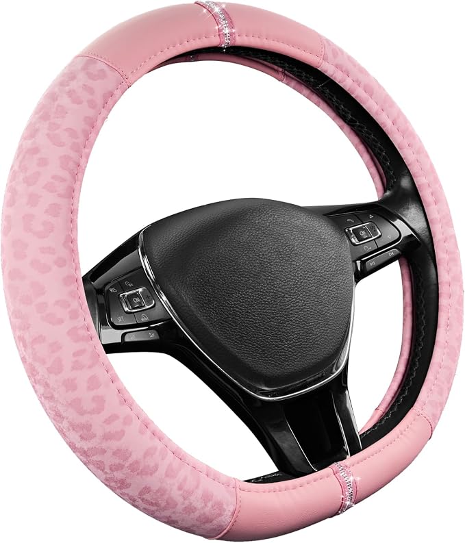 Road Comforts Leopard Steering Wheel Cover for Women, Cute Anti-Slip Microfiber Leather, Fits D Shape Flat Bottom Steering Wheel 14.5-15 Inch - Pink and Pink Leapoard