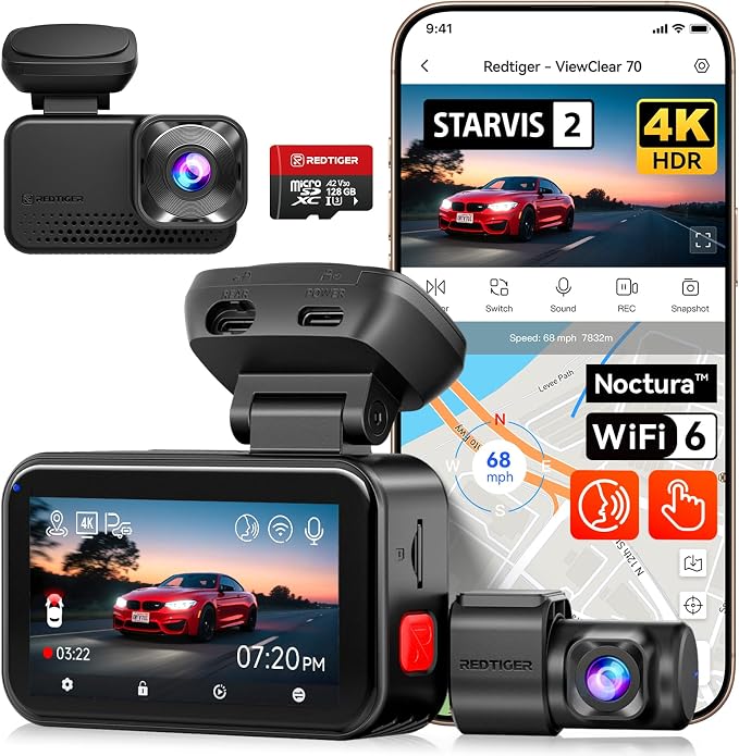 REDTIGER VC70 4K+2.5K Dash Cam Front and Rear, 8MP STARVIS 2 IMX678 Sensor, Dual HDR Hyper Night Clarity, 5.8GHz WiFi 6, 30MB/S Fast Download, Dash Camera with 24H Parking Monitor, 128G Card Included