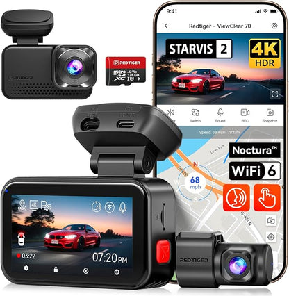 REDTIGER VC70 4K+2.5K Dash Cam Front and Rear, 8MP STARVIS 2 IMX678 Sensor, Dual HDR Hyper Night Clarity, 5.8GHz WiFi 6, 30MB/S Fast Download, Dash Camera with 24H Parking Monitor, 128G Card Included