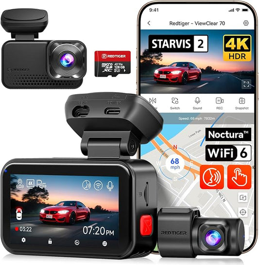 REDTIGER VC70 4K+2.5K Dash Cam Front and Rear, 8MP STARVIS 2 IMX678 Sensor, Dual HDR Hyper Night Clarity, 5.8GHz WiFi 6, 30MB/S Fast Download, Dash Camera with 24H Parking Monitor, 128G Card Included
