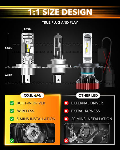 OXILAM Upgraded 9003 H4 HB2 LED Bulbs, 1000% Brightness Boost, 6500K Cool White, Direct Replacement, Pack of 2