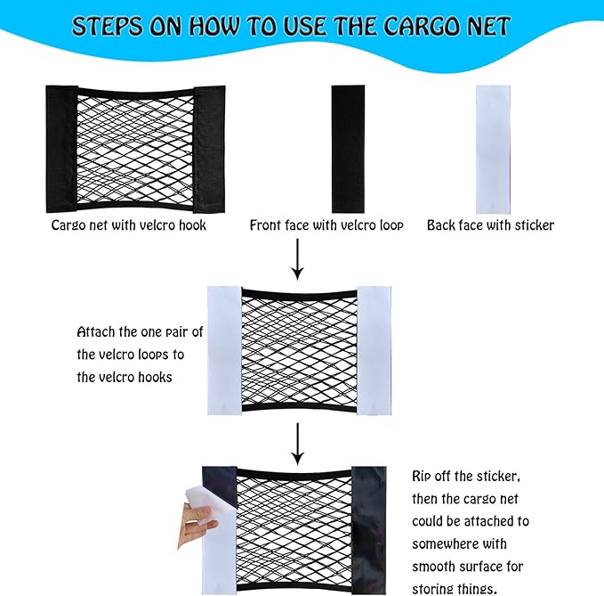 Mesh Cargo Net Car Storage Wall Sticker Organizer Elastic with Tape Stickers for Trunk Holder Kitchen Cabinet, Closet,Home (6PCS (Different Sizes)) 4 Different sizes (Justo20220007H)