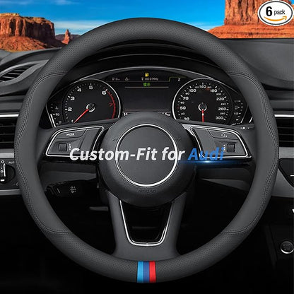 Custom-Fit for Audi Steering Wheel Cover, Premium Leather Car Steering Wheel Cover with Logo, Non-Slip, Breathable (D-Style,for Audi)