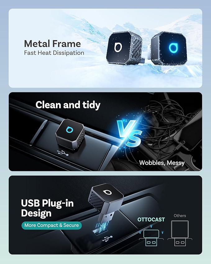OTTOCAST Mini 3.0 (Pot) 2025 2-in-1 Wireless CarPlay/Android Auto Adapter, 5GHz WiFi, Auto Connect for 2016+ Cars
