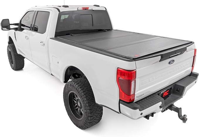 Rough Country Hard Tri-Fold Truck Bed Tonneau Cover for Ford F-250 & F-350 Super Duty (2017-2026) - Aluminum Flip-Up Bed Cover, Fits 6'10 (81.9") Bed