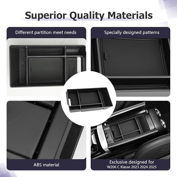 LUWU Center Console Organizer Compatible with 2022-2026 Benz C-Class C300/C300 4Matic/AMG C43/AMG C63 SE Performance W206 Accessories Armrest Console Storage Box Insert Tray ABS Material Black