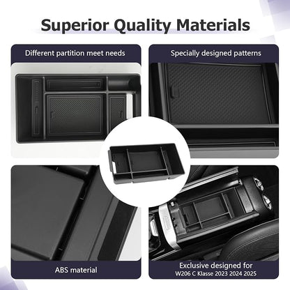 LUWU Center Console Organizer Compatible with 2022-2026 Benz C-Class C300/C300 4Matic/AMG C43/AMG C63 SE Performance W206 Accessories Armrest Console Storage Box Insert Tray ABS Material Black