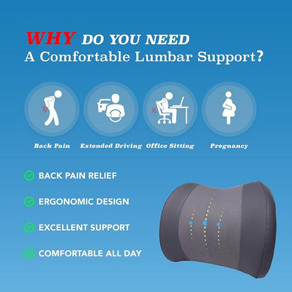 Lofty Aim Lumbar Support Pillow for Car, Memory Foam Lumbar Pillow for Lower Back Pain Relief - Back Cushion for Driving, Chair Support for Car-Office Chair, Wheelchair - Dark Grey