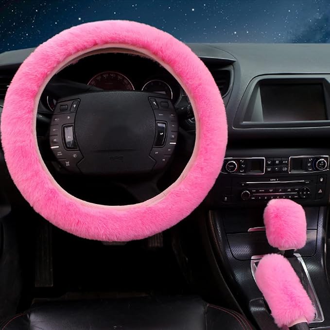 7PCS Set car Interior Aesthetic Accessories, Fluffy 15 inch Steering Wheel Cover, armrest pad, seat Belt Cover,Gear Shift Cover, Fit Girly car Accessories for Women.