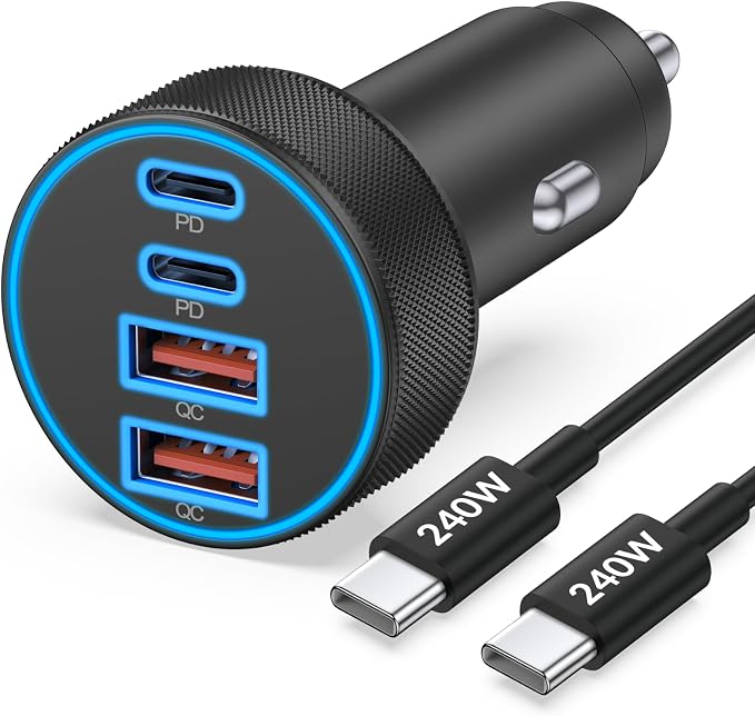 iPhone 17 16 15 Car Charger Fast Charging, 90W 4-Port USB C Fast Car Charger Cigarette Lighter Adapter with 240W 3FT USB-C Cable for iPhone 17/Air/17 Pro/17e/16/15 Pro Max/Plus/16e, iPad, Android