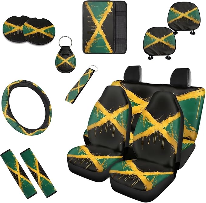 13 Set Jamaican Flag Car Seat Cover, Watercolor Jamaican Flag Front Rear Seat Universal Seat Belt Pads, Vintage Oil Painting Cup Holder Coasters Steering Wheel Cover