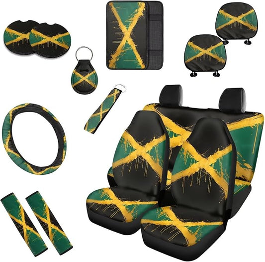 13 Set Jamaican Flag Car Seat Cover, Watercolor Jamaican Flag Front Rear Seat Universal Seat Belt Pads, Vintage Oil Painting Cup Holder Coasters Steering Wheel Cover