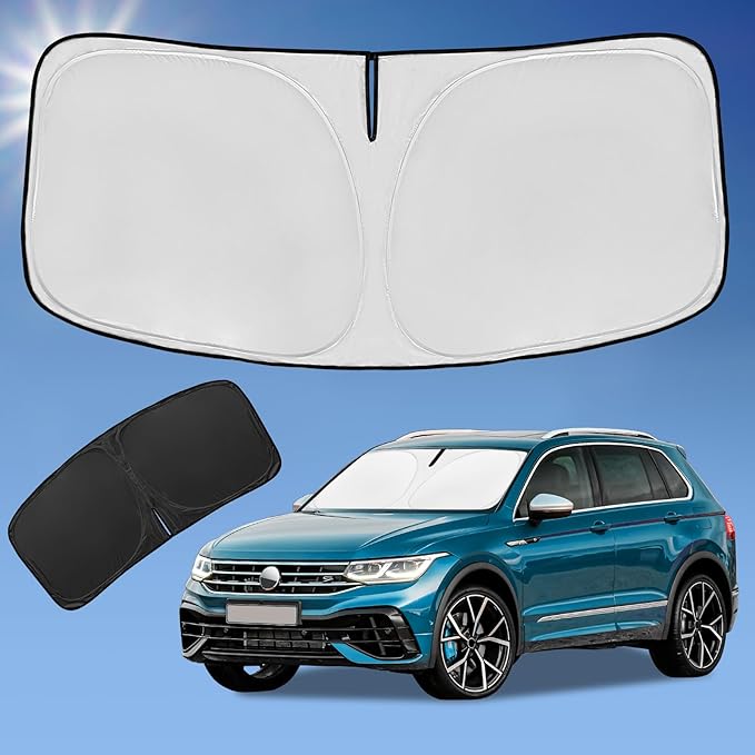 Sun Shade Sunshade for Volkswagen Tiguan 2018-2024 2025 2026 Windshield Cover, 4-Layer Front Window Shade Custom fit Tiguan Sun Visor 240T Retractable Shade Blocks UV Rays Cooler Car Accessories