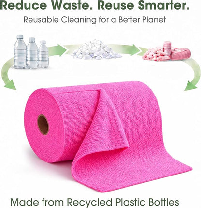Microfiber Cleaning Cloth Roll - 100 Pack Tear Away Microfiber Paper Towels, Reusable, Washable, Scratch-Free, Kitchen Towels for Car, Home, Kitchen, Glass, Dishes (Hot Pink)