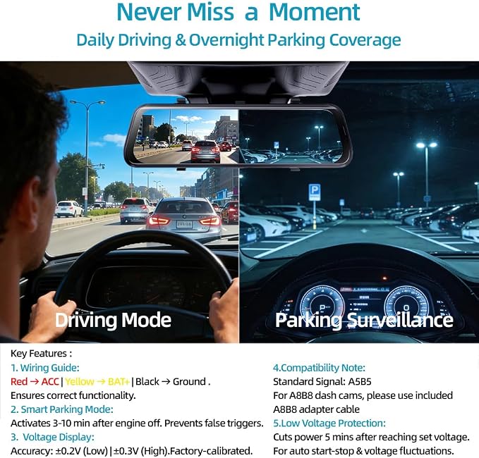 Dash Cam Hardwire Kit USB C, 12V-24V to 5V/3A Adapter Power Cable with Voltage Display, 24/7 Parking Mode, Acc Detection, 4-Level Low Voltage Protection (11.6V/11.9V/12.2V/12.5V)