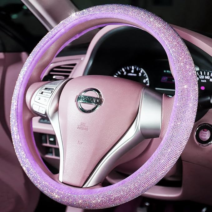 Car Fuzzy Bling Steering Wheel Cover for Women Purple, 15 Inch Universal with Colorful Diamonds Rhinestone Cute Accessories Crystal Anti-Slip Wheel Protectorer