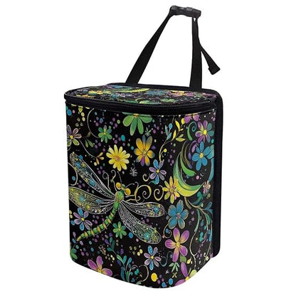 Dragonfly Boho Floral Print Car Trash Can with Lid and Zipper Portable Foldable Garbage Can Bag Hanging for Headrest Leakproof Organizer and Storage Bag Car Interior Accessories
