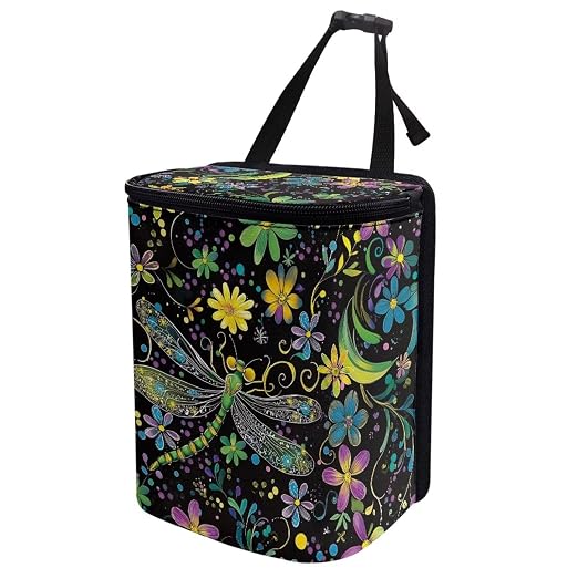 Dragonfly Boho Floral Print Car Trash Can with Lid and Zipper Portable Foldable Garbage Can Bag Hanging for Headrest Leakproof Organizer and Storage Bag Car Interior Accessories