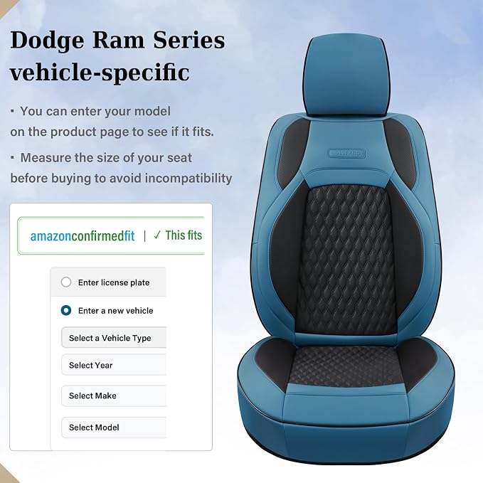 Coverado RAM 1500 Blue Seat Covers, Faux Leather Full Coverage Car Seat Covers Fit for 2009-2018 Dodge RAM 1500 2500 3500 Trucks, Flat Front