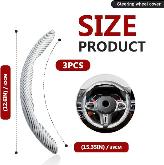 3pcs Universal Carbon Fiber Steering Wheel Cover - Anti-Slip & Segmented Design, Universal 99% Durable Steering Wheel Protector for Men and Women, Car Interior Accessory (White)