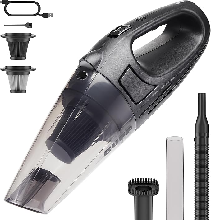 BUFF Handheld Vacuum Cordless - Portable and Rechargeable Car Vacuum Cleaner with LED Flashlight, Crevice Tool, Brush, and Storage Case for Home, Office, Car, Pets - Black