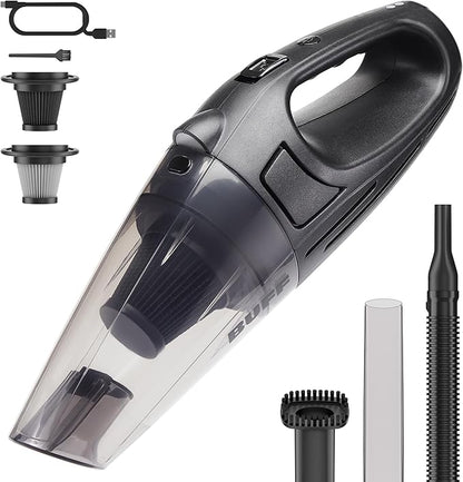 BUFF Handheld Vacuum Cordless - Portable and Rechargeable Car Vacuum Cleaner with LED Flashlight, Crevice Tool, Brush, and Storage Case for Home, Office, Car, Pets - Black