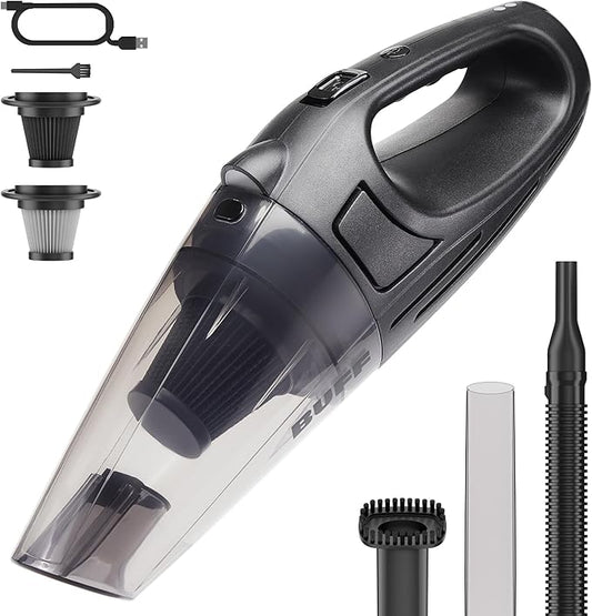 BUFF Handheld Vacuum Cordless - Portable and Rechargeable Car Vacuum Cleaner with LED Flashlight, Crevice Tool, Brush, and Storage Case for Home, Office, Car, Pets - Black