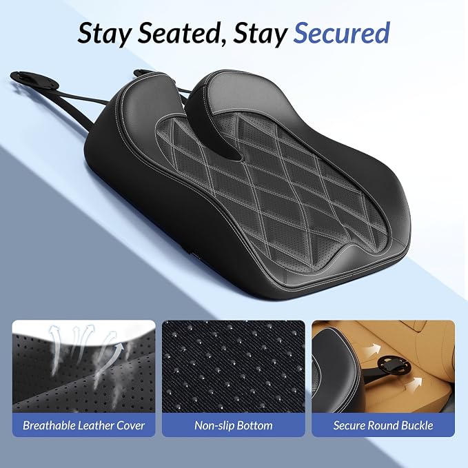 ZIKEE Leather Car Seat Cushion for Driving Relieves Tailbone & Thigh Pain, Ergonomic Dual Memory Foam Seat Cushion for Car, Raised Back for Wider Vision, Rub-Resistant & Easy-to-Clean Cover, Non-Slip