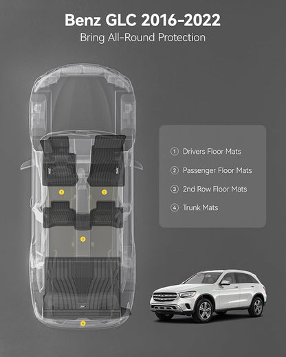 3W Floor Mats & Cargo Liner for Mercedes Benz GLC 2016-2022, TPE All Weather Custom Fit Floor Liner & Trunk Mats, Car Mats for GLC300/GLC350e/GLC43 AMG/GLC63 AMG/GLC63 AMG S Accseeories, Black