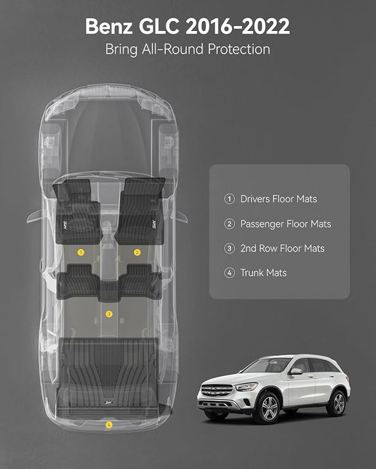 3W Floor Mats and Cargo Liner Compatible for Mercedes Benz GLC 2016-2022, TPE All Weather Custom Fit GLC300/GLC350e/GLC43 AMG/GLC63 AMG/GLC63 AMG S Car Mats and Trunk Liner(Not Fit Coupe)