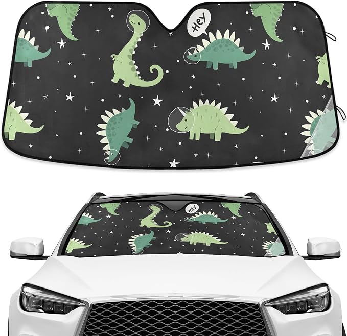 Dinosaur Windshield Sun Shade Blocks UV Rays Green Dino Visor Protector Accordion Folding Galaxy Black Sun Reflector Auto Sunshade for Car Truck SUV to Keep Your Vehicle Cool