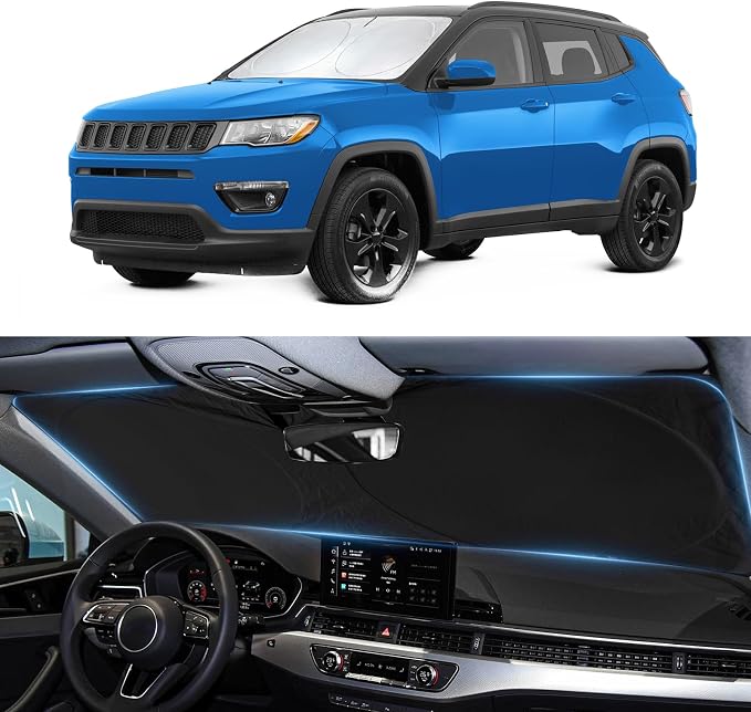 Sun Shade for Compass Windshield Sunshade Custom fit for Jeep Compass 2007-2017 Accessories Front Window Cover Retractable Sun Visor Protector Keep Interior Cool UV Blocker
