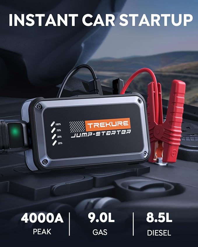 TREKURE Portable Car Battery Jump Starter 4000A 16800mAh Jump Box, Car Battery Jumper Starter Portable Jumper Cables for car(8.0L Gas/6.5L Diesel), Fast Charge, Lights, Compact