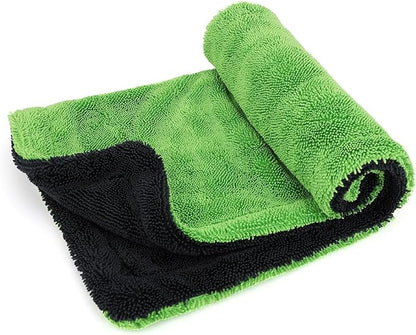 1200GSM Microfiber Car Drying Towel, Double-Twist Loop, Ultra-Absorbent, Quick-Dry, Lint- & Streak-Free, Scratch-Safe, for Car Wash & Detailing (1 Pack) (Dark Grey & Green, 16" x 16")