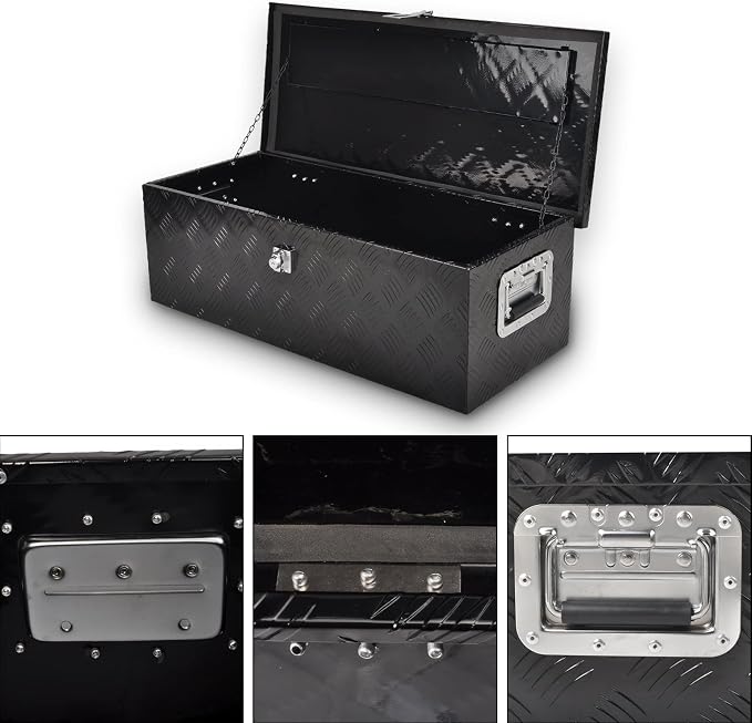 30” Heavy Duty Aluminum Truck Bed Tool Box 5 Bar Tread Waterproof Truck Tool Box Storage Organizer，Truck Box with Side Handle, Lock & Keys,Black (30"X13"X10")
