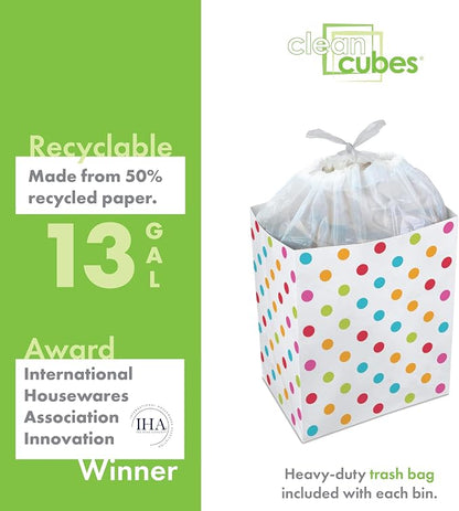 Clean Cubes 13 Gallon Disposable Pop-Up Trash Cans (6-Pack) with Fitted Bags – Foldable Garbage & Recycling Bins for Parties, Events & Kitchen (Polka Dot, 17" H x 13.5" W x 10" D)