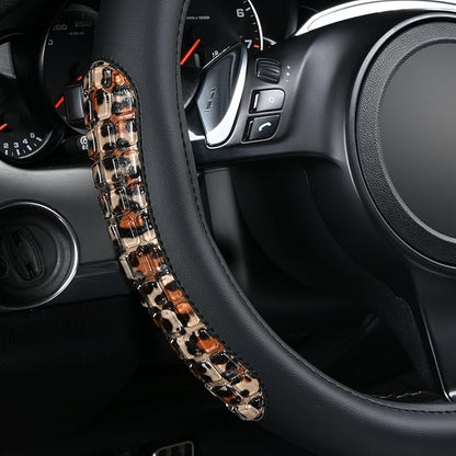 Flying Banner car Steering Wheel Cover Gel Massage Velvet Cool Warm Universal Size 15 inches SUV Truck Anti Slip Odorless Summer Winter (Black Brown Leopard Print, Gel Massage)