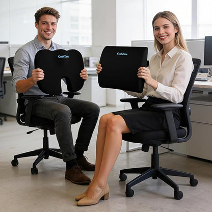 CushZone Ergonomic Seat Cushion & Lumbar Support Pillow - Memory Foam for Sciatica Pain Relief & Posture Correction, Non-Slip Chair Cushions for Office Chair/Car/Wheelchair/Travel (Black)