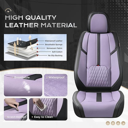 Coverado Seat Covers for Front and Back Seat, 5 Seat Car Seat Covers Waterproof, Leather Seat Covers for Cars with Lumbar Support, Car Seat Protectors Universal Fit for Most Vehicles (Black&Purple)