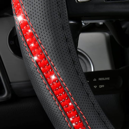CAR PASS Bling Diamond Black Leather Steering Wheel Cover, Studded Crystal Rhinestones Universal Fit 14" 1/2-15" Glitter for Women Sparkle Girl Fit Suvs,Vans,Sedans,Car,Trucks, Red Diamond