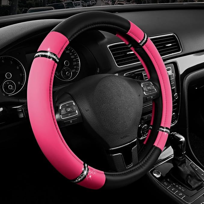 Road Comfort Leather Steering Wheel Cover – Premium Anti-Slip Car Steering Wheel Grip Cover – Universal Fit for 14.5”–15” Cars, Trucks & SUVs - Hotpink
