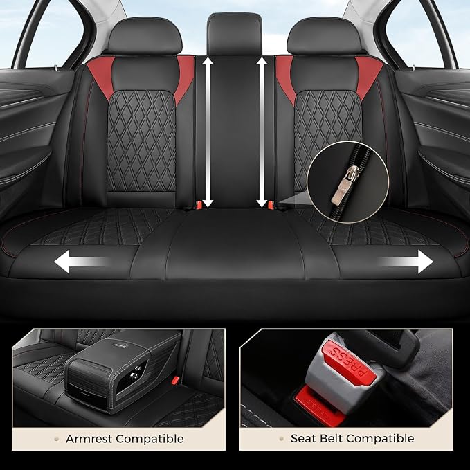 Coverado Car Seat Covers Full Set, Leather Seat Covers, Automotive Seat Covers for Cars, Car Seat Covers Front Seats Back, Car Seat Protector Car Seat Cushion Universal Fit Most Cars Trucks, Black&Red