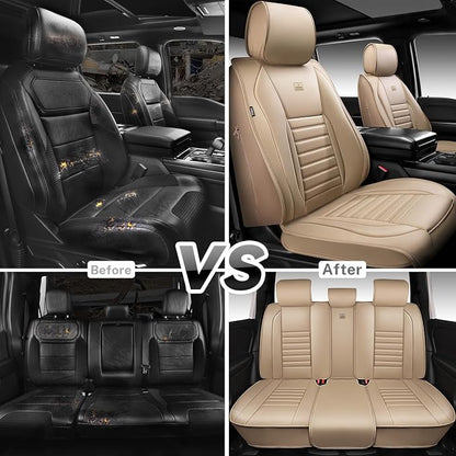 CAR PASS Nappa Leather Car Seat Covers Full Set, Luxury Seat Protector for Cars, Waterproof Anti-Slip Car Seat Cushion Armrest Compatible Airbag Universal for Sedan SUV Pick-up Truck Automotive, Beige