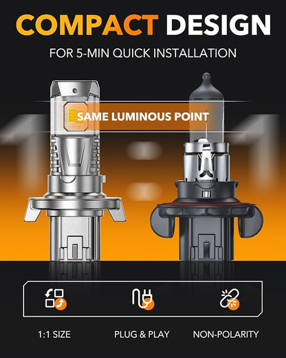 OXILAM 9008/H13 LED Bulb, 1000% Super Bright Driving Lights, 5 Min Quick Install, 60000H Lifespan, No Flicker, 99% Compatibility, Pack of 2