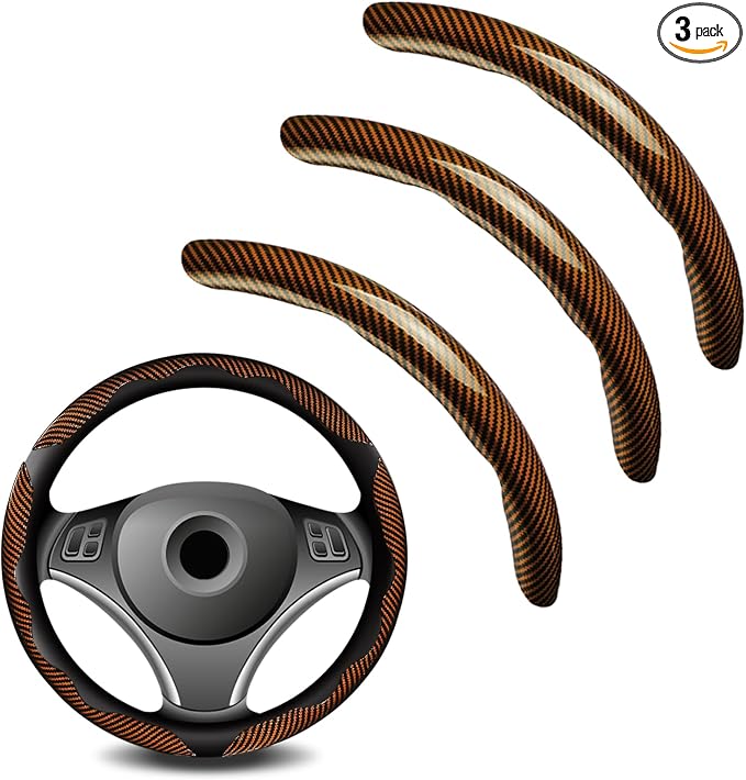 3pcs Universal Carbon Fiber Steering Wheel Cover - Anti-Slip & Segmented Design, Universal 99% Durable Steering Wheel Protector for Men and Women, Car Interior Accessory (Brown)