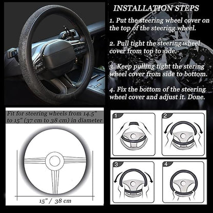 New Diamond Leather Steering Wheel Cover with Bling Bling Crystal Rhinestones, Universal Fit 15 Inch Car Wheel Protector for Women Girls Black Diamond