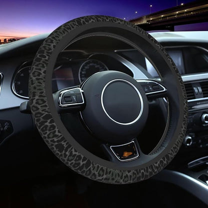 Leopard Steering Wheel Covers Non Slip Neoprene Steering Wheel Protector Cover Universal 15 Inch for Men Women (Black Green Grey)